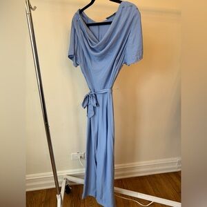 Women’s Light Blue Maxi Jumpsuit with Cowl Neck and Waist Tie